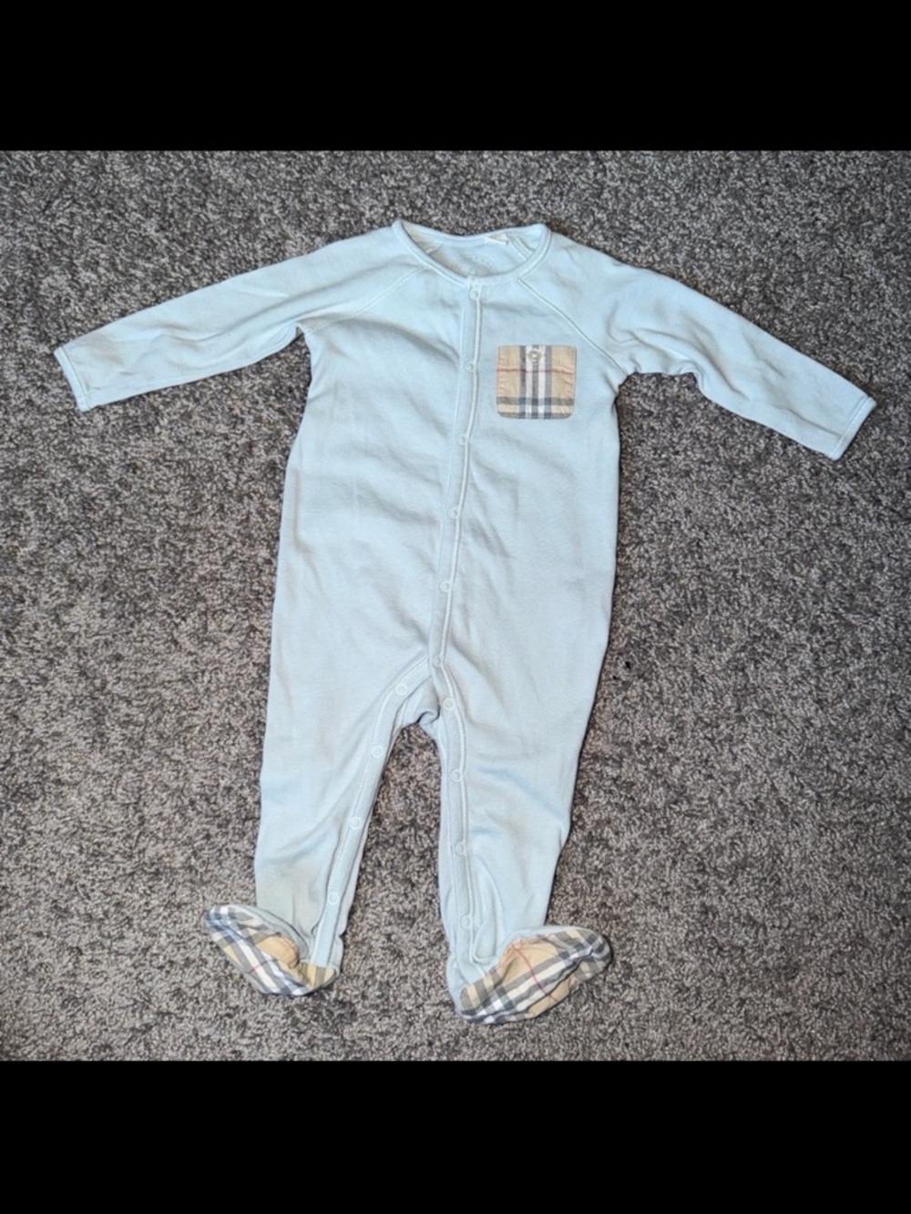 Burberry Light Blue Footed One-Piece with Signature Plaid Accents